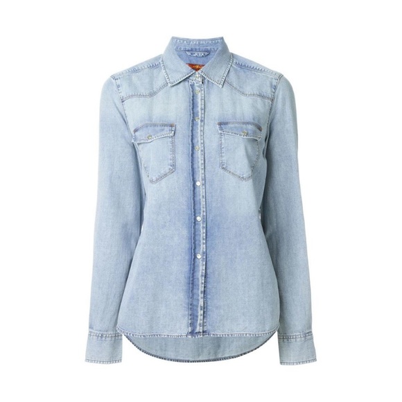 7 For All Mankind Light Wash Cotton Button Up Shirt Girls Size L 12 - Picture 1 of 8